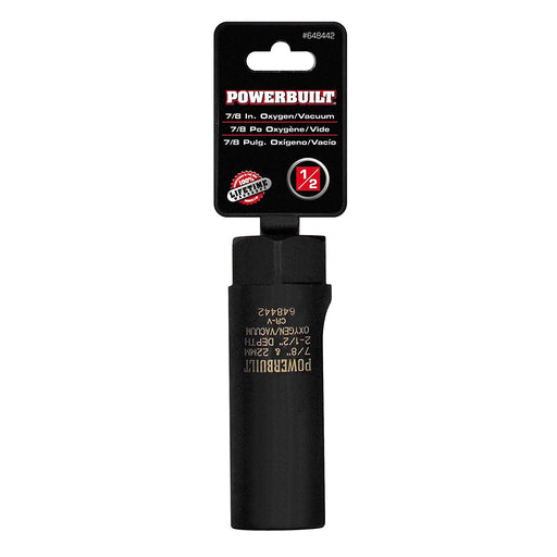 Oxygen sensor socket with a hexagonal shape and a durable metal finish.